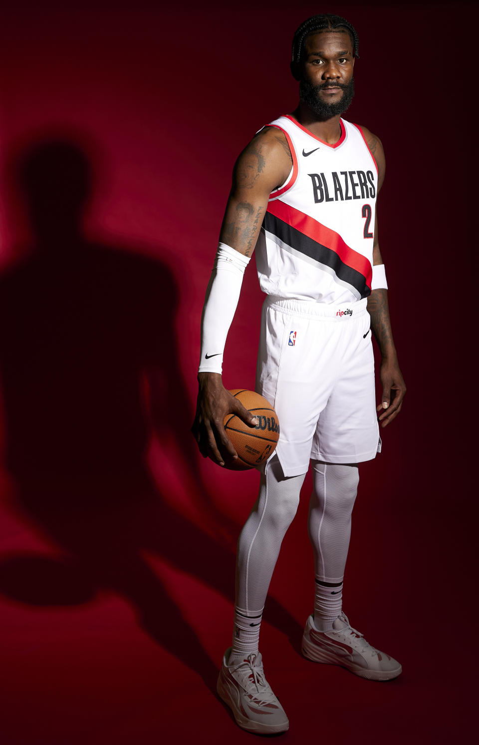 Portland Trail Blazers center Deandre Ayton poses for a portrait during the NBA basketball team's media day in Portland, Ore., Monday, Oct. 2, 2023. (AP Photo/Craig Mitchelldyer)