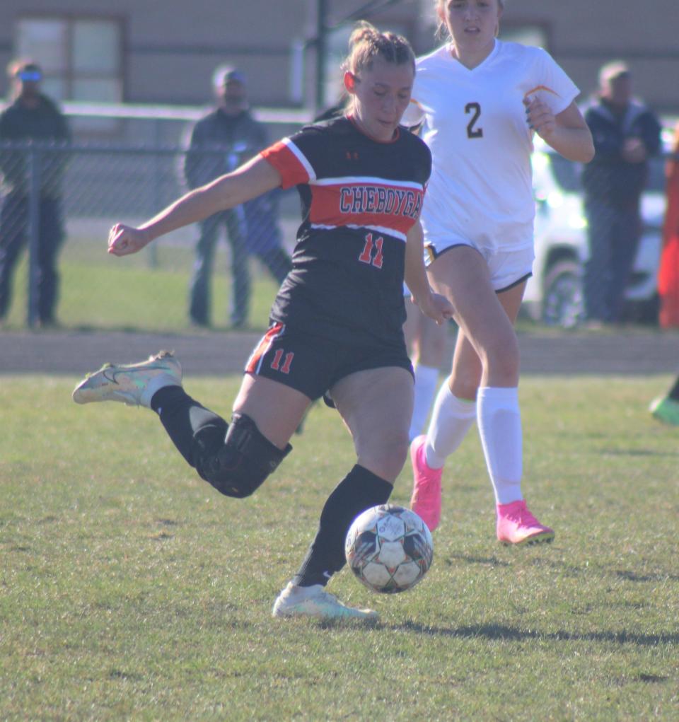 Cheboygan sophomore Jaelyn Wheelock (11) finished with a hat trick and an assist in a 6-0 girls soccer victory over Roscommon at home on Monday.