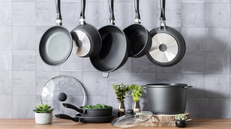 Kitchen with pots and hanging pans