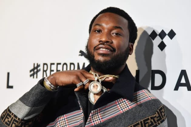 Meek Mill poses for a portrait at the Roc Nation offices in New York on  Sept. 22, 2021, to promote his upcoming album Expensive Pain. The  Philadelphia rapper is planning a concert