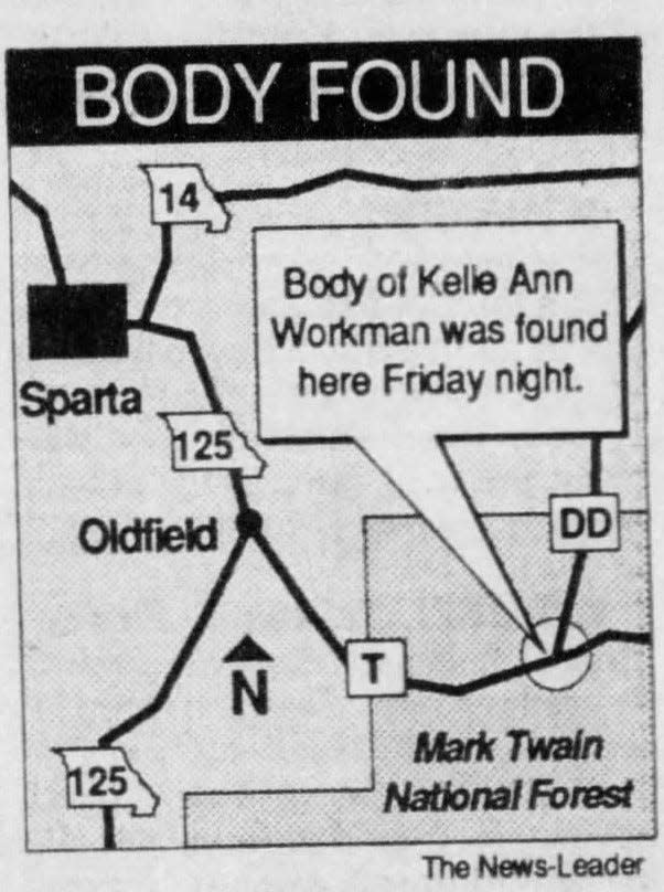 A newspaper clipping from July 9, 1989 depicts where Kelle Ann Workman's body was found at Mark Twain National Forest on July 7, 1989. 24-year-old Workman disappeared from the Dogwood Cemetery on June 30, 1989.