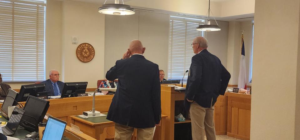 Potter County Sheriff Brian Thomas and Chief Deputy Scott Giles address the Potter County Commissioners' Court Monday in downtown Amarillo.