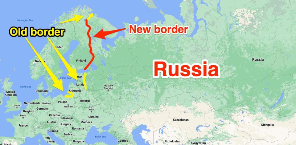 A map showing how NATO's current border with Russia compares to its border if Sweden and Finland join.