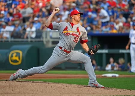 Aug 11, 2018; Kansas City, MO, USA; St. Louis Cardinals starting pitcher Jack Flaherty (32) delivers a pitch during the first inning against the Kansas City Royals at Kauffman Stadium. Mandatory Credit: Peter G. Aiken/USA TODAY Sports