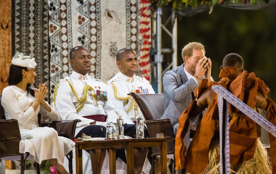 <p>The Duke takes a sip of Kava, Fiji's national drink, as a part of the ceremony.</p>