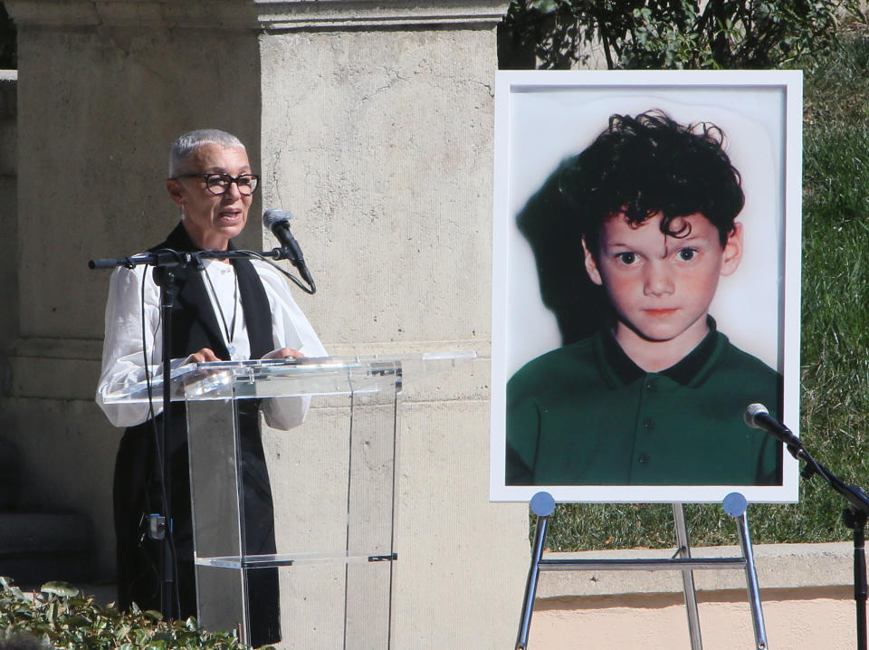 Irina Yelchin, actor Anton Yelchin's mother, speaks at the Anton Yelchin life celebration and statue unveiling ceremony at Hollywood Forever on Oct. 8, 2017, in Hollywood, California. (Photo: David Livingston via Getty Images)