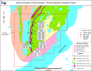 Gold in rock samples defining an anomalous trend over three kilometres in the Thurber Dog area.