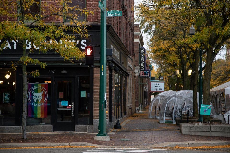 Igloos and heated tent for outdoor dining outside of Bobcat Bonnie's in downtown Ypsilanti on Sept. 30, 2020.