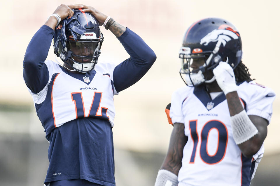 Courtland Sutton (14) of the Denver Broncos and Jerry Jeudy (10) 