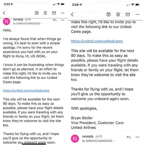 This combined screen grab shows an apology email Sarah Cannon received from United Airlines.