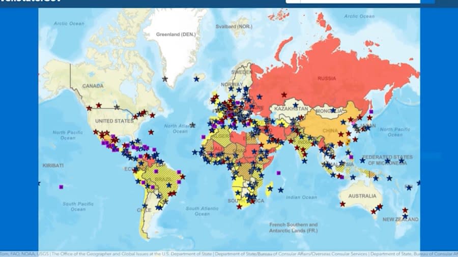 Countries labeled in red like Afghanistan are designated “do not travel” by the U.S. State Department.