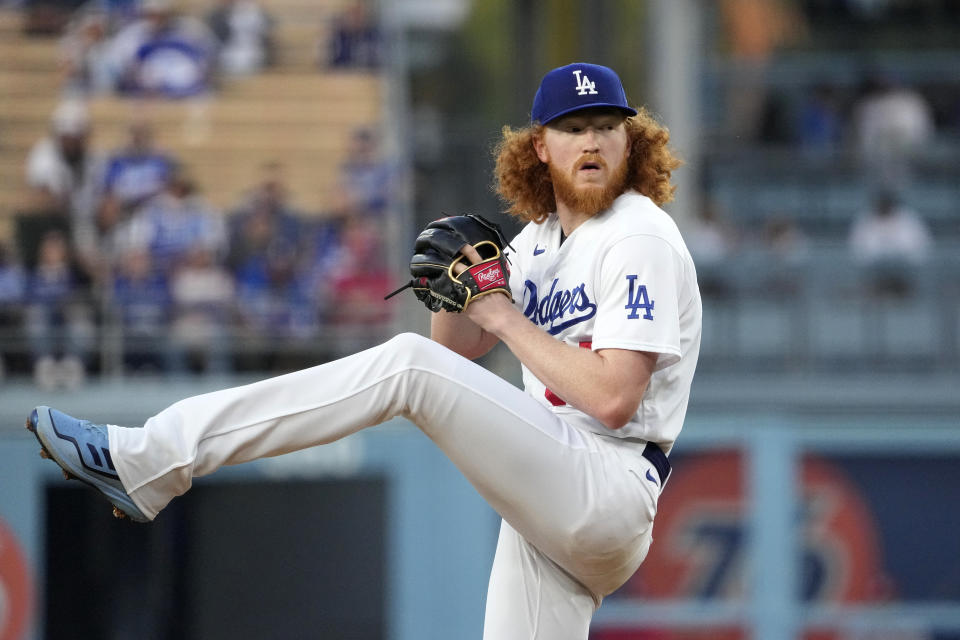 Los Angeles Dodgers starting pitcher Dustin May throws to the plate during the first inning of a baseball against the St. Louis Cardinals game Friday, April 28, 2023, in Los Angeles. (AP Photo/Mark J. Terrill)