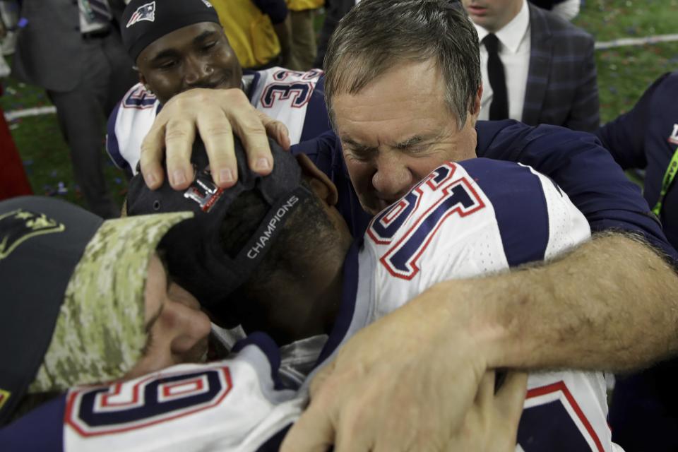 New England Patriots head coach Bill Belichick congratulates Malcolm Mitchell after defeating the Atlanta Falcons in overtime of Super Bowl LI. (AP Photo/Patrick Semansky)