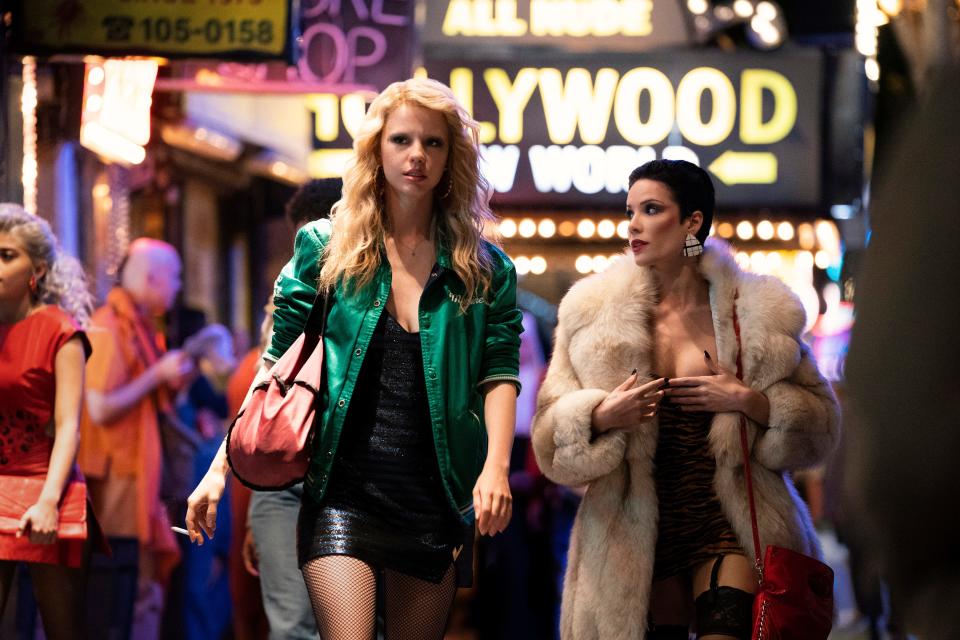 Maxine (Mia Goth, left) and her friend Tabby (Halsey) hit the streets of Hollywood circa 1985 in "MaXXXine."