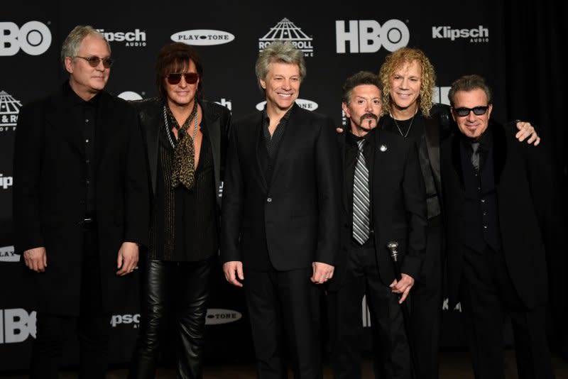 Members of the group Bon Jovi pose for a photo back stage at the 33rd annual Rock and Roll Hall of Fame induction ceremonies at Public Hall in 2018 in Cleveland. A docuseries about the rock band is set to premiere on Hulu April 26. File Photo by Scott McKinney/UPI