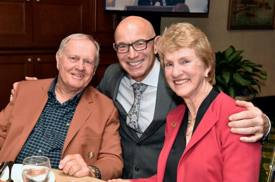 Tim Rosaforte poses between Jack and Barbara Nicklaus during The Jake 2017 event for the Nicklaus Children's Hospital when Tim was the emcee