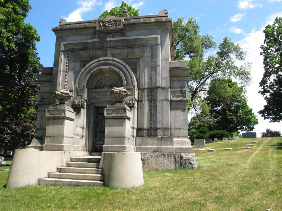 This June 21, 2012 photo shows the monument for Valentin Blatz at Forest Home Cemetery in Milwaukee. The cemetery, in the heart of Milwaukee's south side, lists six beer barons, including Jacob Best who founded Pabst Brewery, Pabst's namesake Frederic Pabst, and Valentin Blatz, who produced Blatz beer until it was sold to Pabst Brewing Co in 1959. (AP Photo/Carr?ie Antlfinger?)