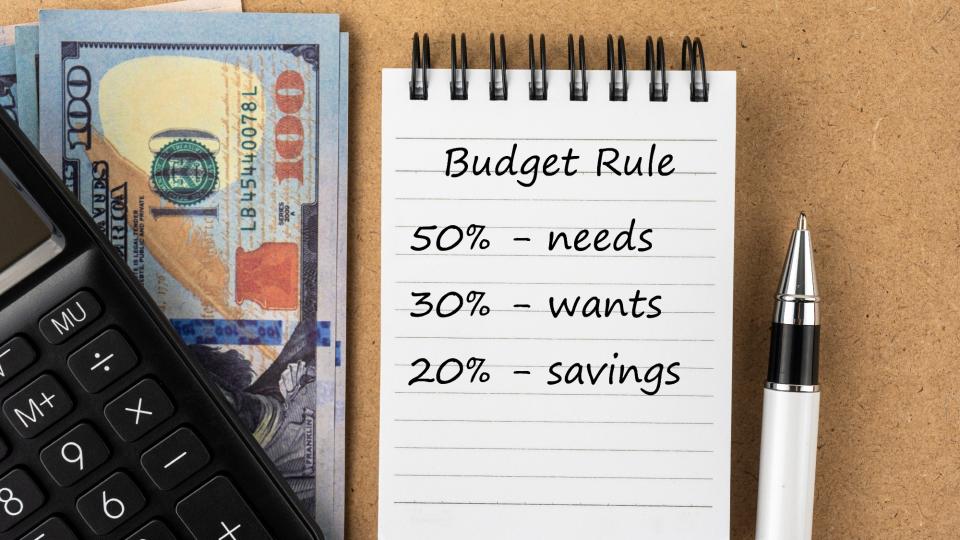  Calculator, stack of cash, and a notepad that reads "Budget rule: 50% needs, 30% wants, 20% savings" . 