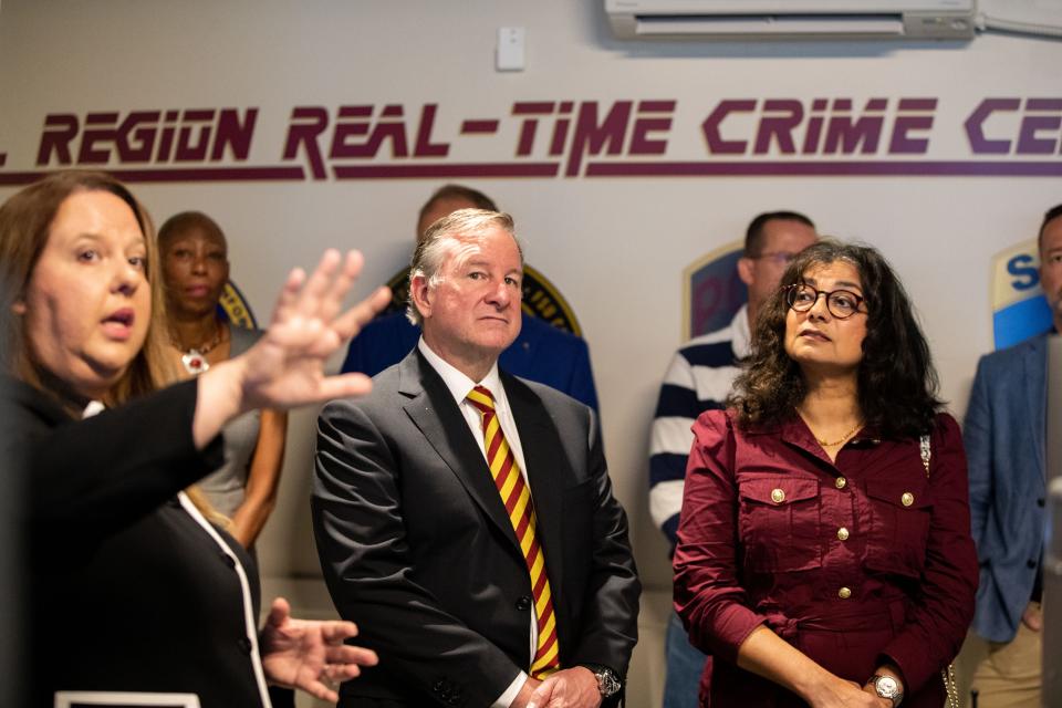 Florida State University President Richard McCullough and others receive a tour of the Capital Region Real-Time Crime Center on Friday, Sept. 15, 2023.