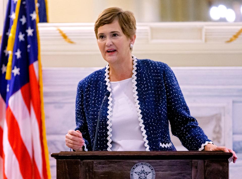 Allison D. Garrett speaks during a news conference in 2021 at the state Capitol.