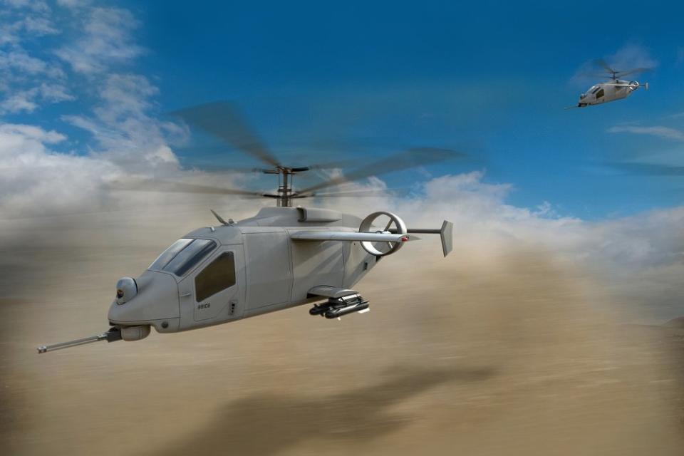 Artist rendering of the AVX/L-3 entry flying across a desert landscape.