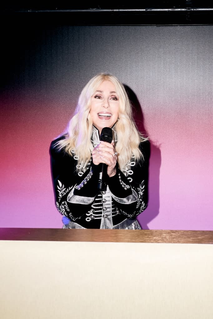 Cher at the Rabanne H&M event in Paris on October 2, dressed in a custom made look from the Rabanne H&M collection. *