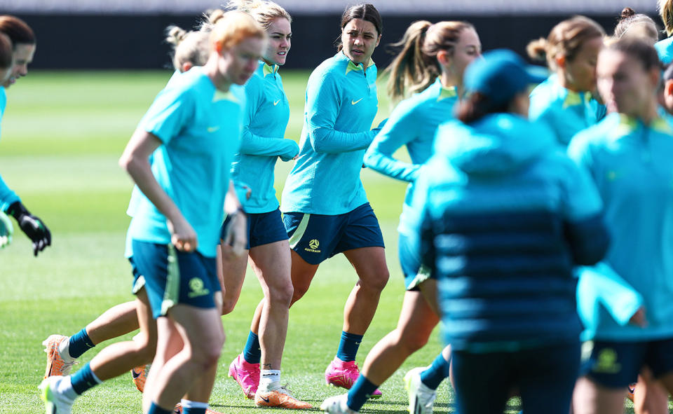 Sam Kerr and Matildas teammates at a training session.