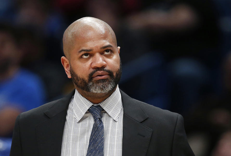 FILE - In this Jan. 7, 2019, file photo, Memphis Grizzlies head coach J.B. Bickerstaff walks from the bench as a timeout is called in the second half of an NBA basketball game against the New Orleans Pelicans in New Orleans. The Grizzlies fired Bickerstaff on Thursday, April 11, 2019. (AP Photo/Gerald Herbert, File)