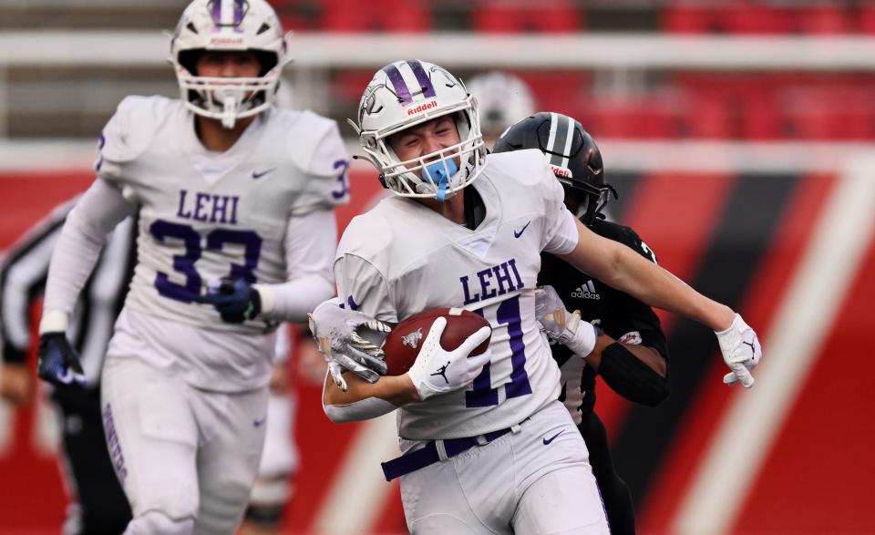 Corner Canyon and Lehi play in high school football semifinal action at Rice-Eccles Stadium in Salt Lake City on Friday, Nov. 10, 2023. | Scott G Winterton, Deseret News