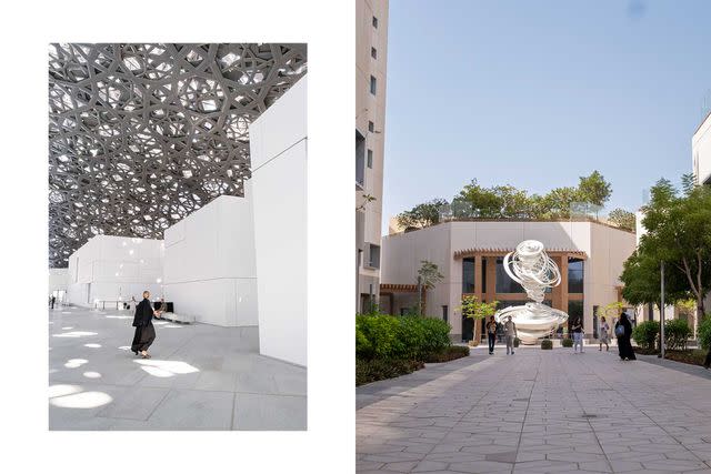 <p>Natalie Naccache</p> From left: A walkway under the perforated roof of the Louvre Abu Dhabi; Alice Aycock’s Whirlabout (Dynamo) on the Abu Dhabi campus of New York University.