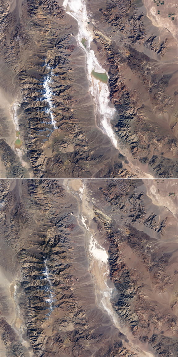 Lake Badwater in California's Death Valley received water from rainfall in 2005 (top). Over the course of two years, the water evaporated (bottom), leaving behind new deposits of salts as evaporite. A similar process may have happened on Saturn