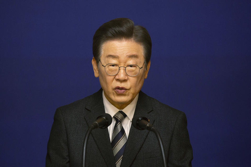 Lee Jae-myung, leader of South Korea's main opposition Democratic Party, speaks during 2024 New Year's press conference at National Assembly in Seoul Wednesday, Jan. 31, 2024. (Jeon Heon-Kyun/Pool Photo via AP)