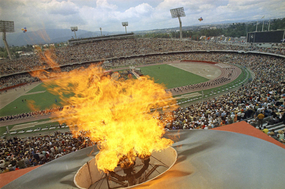 The Olympic Torch burns during the opening day ceremony in Mexico City, Oct. 12, 1968. (AP Photo)