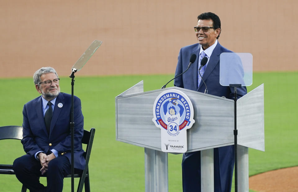 Former Los Angeles Dodgers pitcher Fernando Valenzuela speaks during his jersey retirement ceremony before the baseball game between the Dodgers and the Colorado Rockies, Friday, Aug. 11, 2023, in Los Angeles. (AP Photo/Ryan Sun)