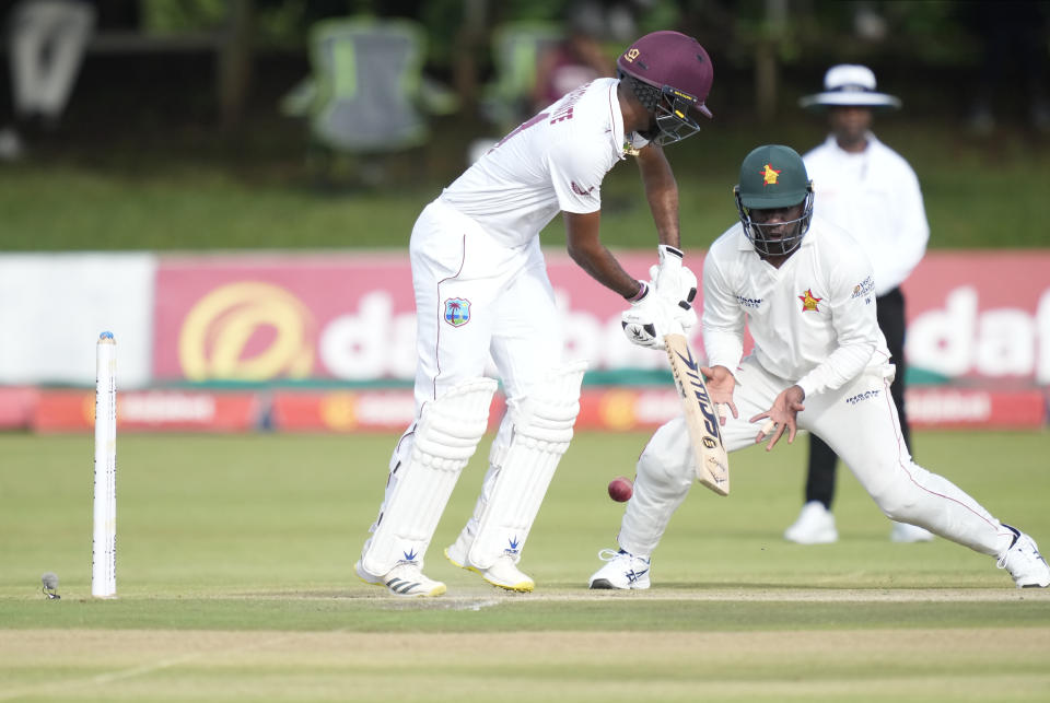 West Indies batsman Kraigg Brathwaite plays a shot on the second day of the Test cricket match between Zimbabwe and West Indies at Queens Sports Club in Bulawayo, Zimbabwe, Sunday,Feb, 5, 2023. (AP Photo/Tsvangirayi Mukwazhi)