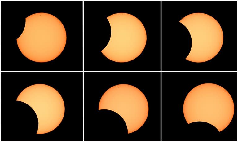 Photo combo shows the moon crossing in front of the sun (clockwise from top L) as seen from the Sydney Observatory during an annular eclipse on May 10, 2013. The eclipse occurs when the Moon passes between the Earth and the Sun but is too close to the Earth to completely cover the Sun