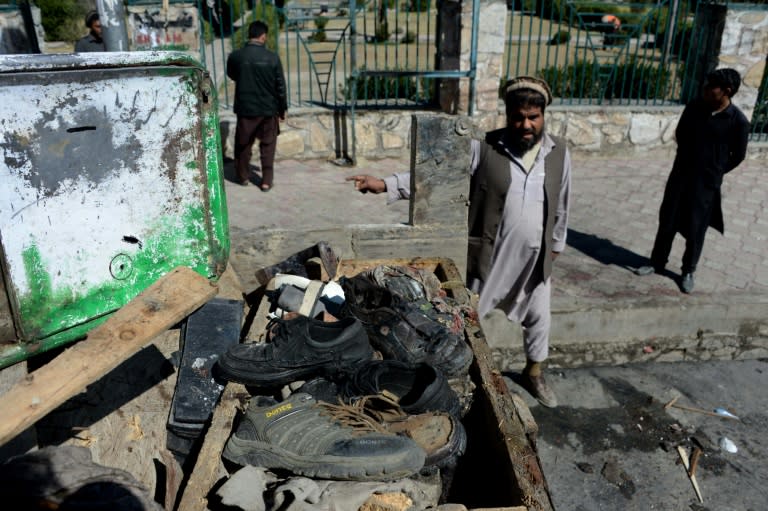 Shoes collected at the scene of a suicide attack in Kunar province on February 27, 2016