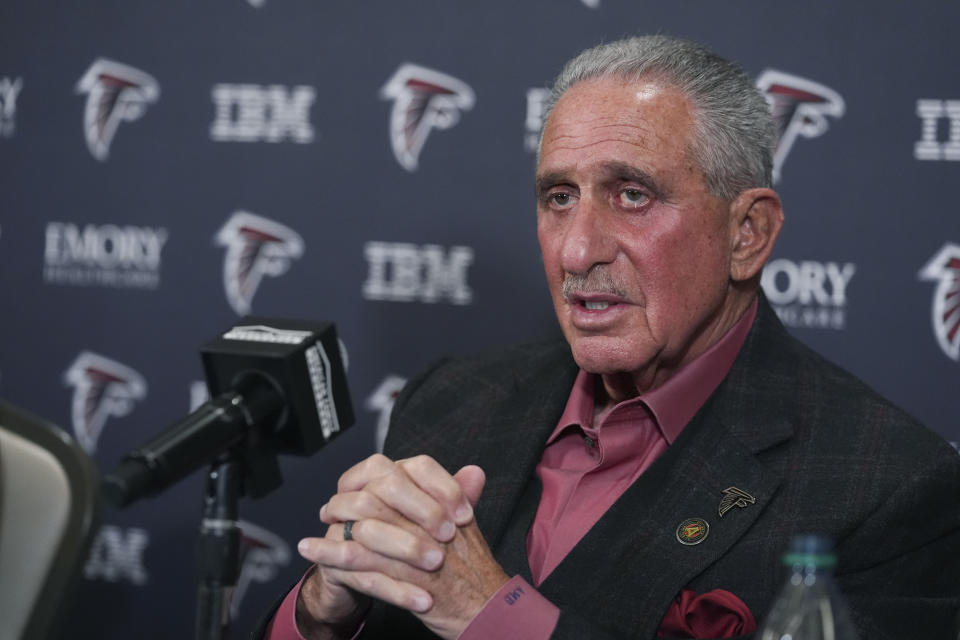 FILE - Atlanta Falcons owner Arthur Blank speaks during a news conference Jan. 8, 2024, in Atlanta. Speaking for the first time Friday, Feb. 9, 2024, about the coach search that led to the hiring of Raheem Morris, Blank says former New England coach Bill Belichick made no demands for control of player personnel in Atlanta, as was widely speculated. Blank also said Belichick was never offered the job. (AP Photo/John Bazemore, File)