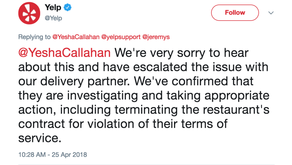 Yelp also responded saying they would be terminating their relationship with the restaurant. Source: Twitter