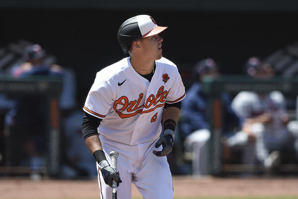 Baltimore Orioles' Ryan Mountcastle watches his solo home run against the Minnesota Twins in the fifth inning of a baseball game Monday, May 31, 2021 in Baltimore.(AP Photo/Gail Burton)