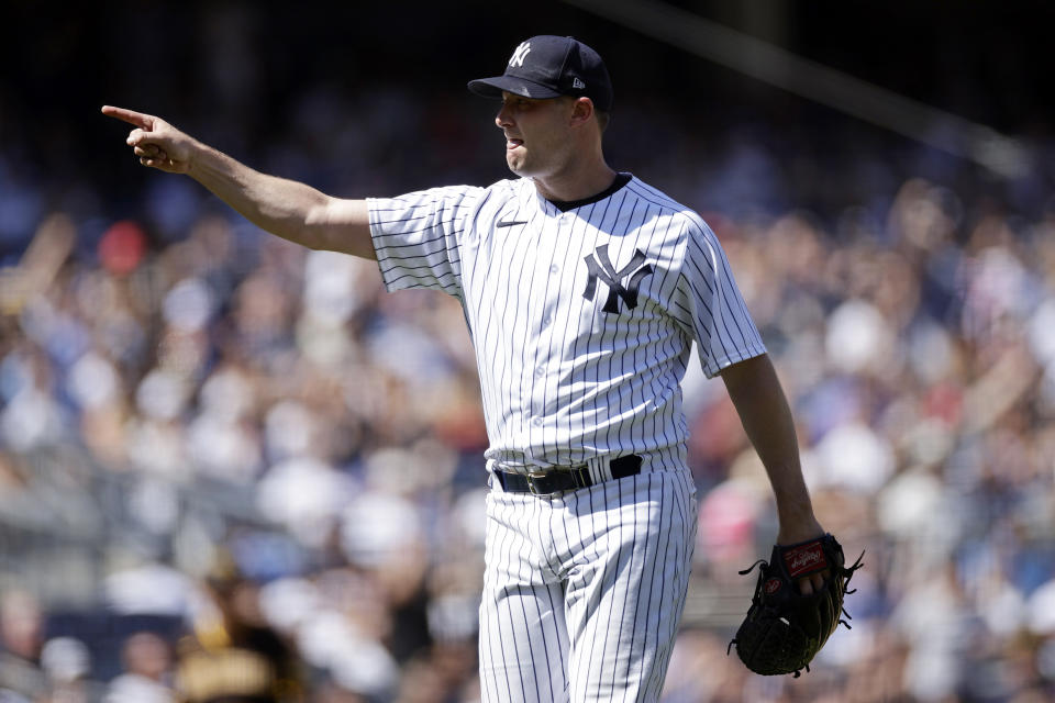 New York Yankees pitcher Gerrit Cole reacts after the final out of the top half of the sixth inning of a baseball game against the San Diego Padres on Sunday, May 28, 2023, in New York. (AP Photo/Adam Hunger)