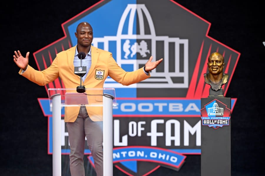 Former NFL player DeMarcus Ware speaks during his induction into the Pro Football Hall of Fame in Canton, Ohio, Saturday, Aug. 5, 2023. (AP Photo/David Richard)