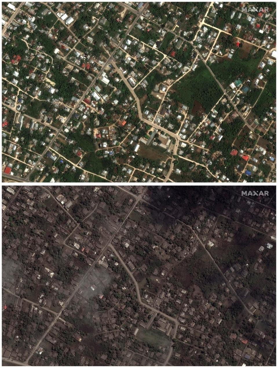 A combination of satellite images shows homes and buildings before the main eruption (via REUTERS)