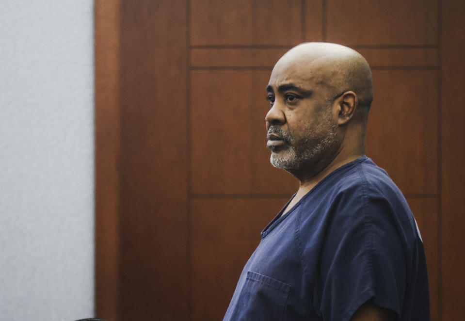 FILE - Duane "Keffe D" Davis, who is accused of orchestrating the 1996 slaying of hip-hop music icon Tupac Shakur, appears in court for a hearing at the Regional Justice Center in Las Vegas, Tuesday, Jan. 9, 2024. The former Los Angeles-area gang leader Davis has hired a private attorney to represent him ahead of his murder trial scheduled this summer. Davis dismissed court-appointed lawyers and hired criminal defense attorney Carl Arnold, according to a court filing posted Thursday, Jan. 18, 2024. (Rachel Aston/Las Vegas Review-Journal via AP, Pool, File)