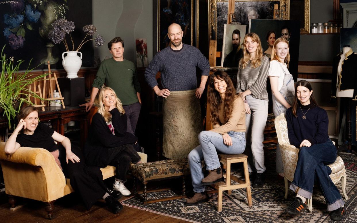 Group shot of artists working at Talgarth Mansions: Isabella Watling, Christabel Blackburn, James Vaulkard, James Hayes, Olivia Wells, Emily Rogers, Helena Boase and Lydia Chapman