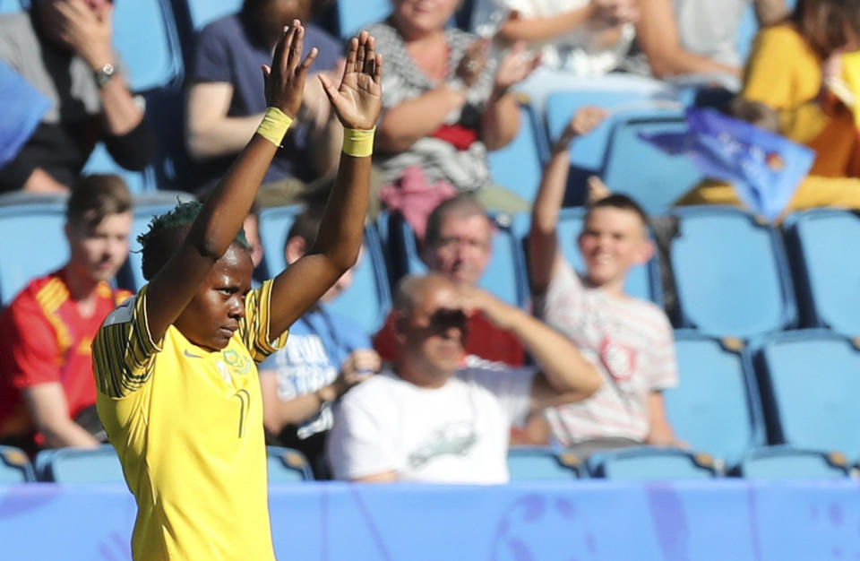 South Africa's Thembi Kgatlana jubilates after she scored the match's first goal during the Women's World Cup Group B soccer match between Spain and South Africa at the Stade Oceane in Le Havre, France, Saturday, June 8, 2019. (AP Photo/Francisco Seco)