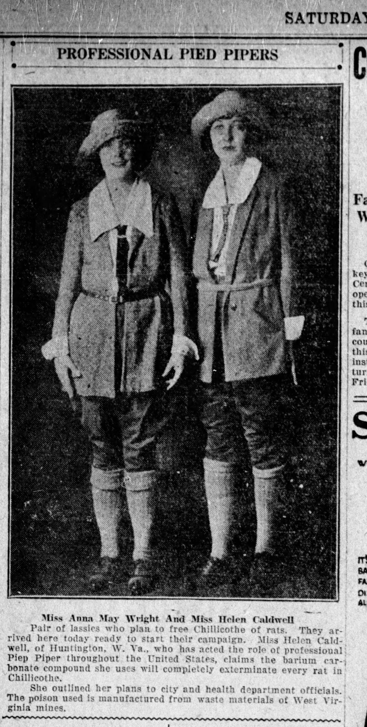 A clipping from the Saturday, Feb 16, 1924 Chillicothe Gazette featuring Helen Caldwell and Anna Mae Wright, two young women who were gaining national fame, stopped in Chillicothe and appeared before the Health Department and Chamber of Commerce.
