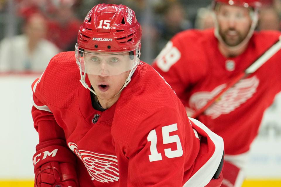 Detroit Red Wings left wing Jakub Vrana skates on the ice during the first period against the Pittsburgh Penguins at Little Caesars Arena, April 23, 2022.