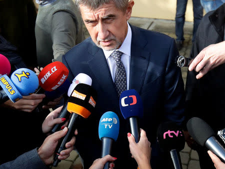 The leader of ANO party Andrej Babis speaks to the media after casting his vote in parliamentary elections in Prague, Czech Republic October 20, 2017. REUTERS/David W Cerny