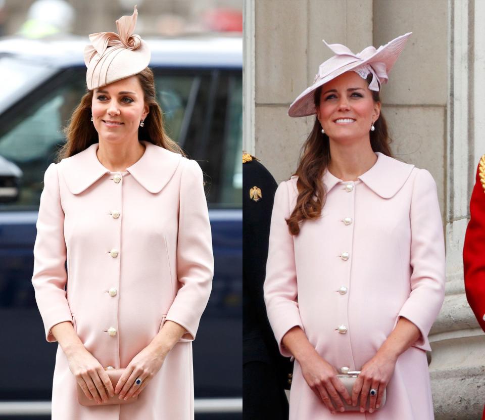 <p>Middleton has worn this baby pink Alexander McQueen coat with pearl buttons to Trooping the Colour in June 2013 and the Commonwealth Service in March 2015. </p>